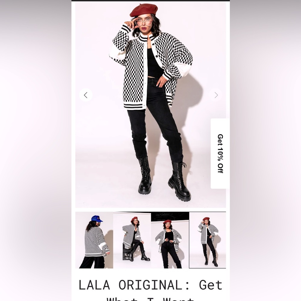 Oversized “grandpa cardigan” LALA original checkered print knit- elbow detail
